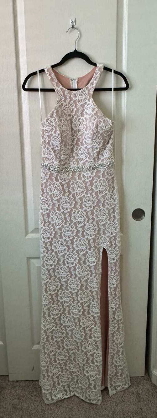 City Studio White Lace Formal Maxi Dress Gown Nude Lining Size 6